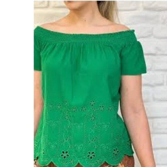 Old Navy Green Eyelet Lace Off Shoulder Linen Blend Top - Picture 2 of 9